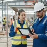 Imagem ilustrativa de uma equipe técnica em campo utilizando checklist digital em tablet para garantir segurança no trabalho