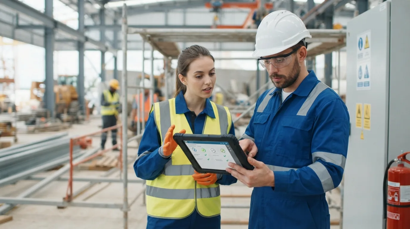 Imagem ilustrativa de uma equipe técnica em campo utilizando checklist digital em tablet para garantir segurança no trabalho