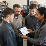 Imagem de equipe de prestadores de serviços utilizando um tablet com sistema de gestão de ordens de serviço, simbolizando tec