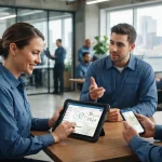 Equipe técnica utilizando tablet e smartphone com sistema digital de ordens de serviço em ambiente corporativo moderno