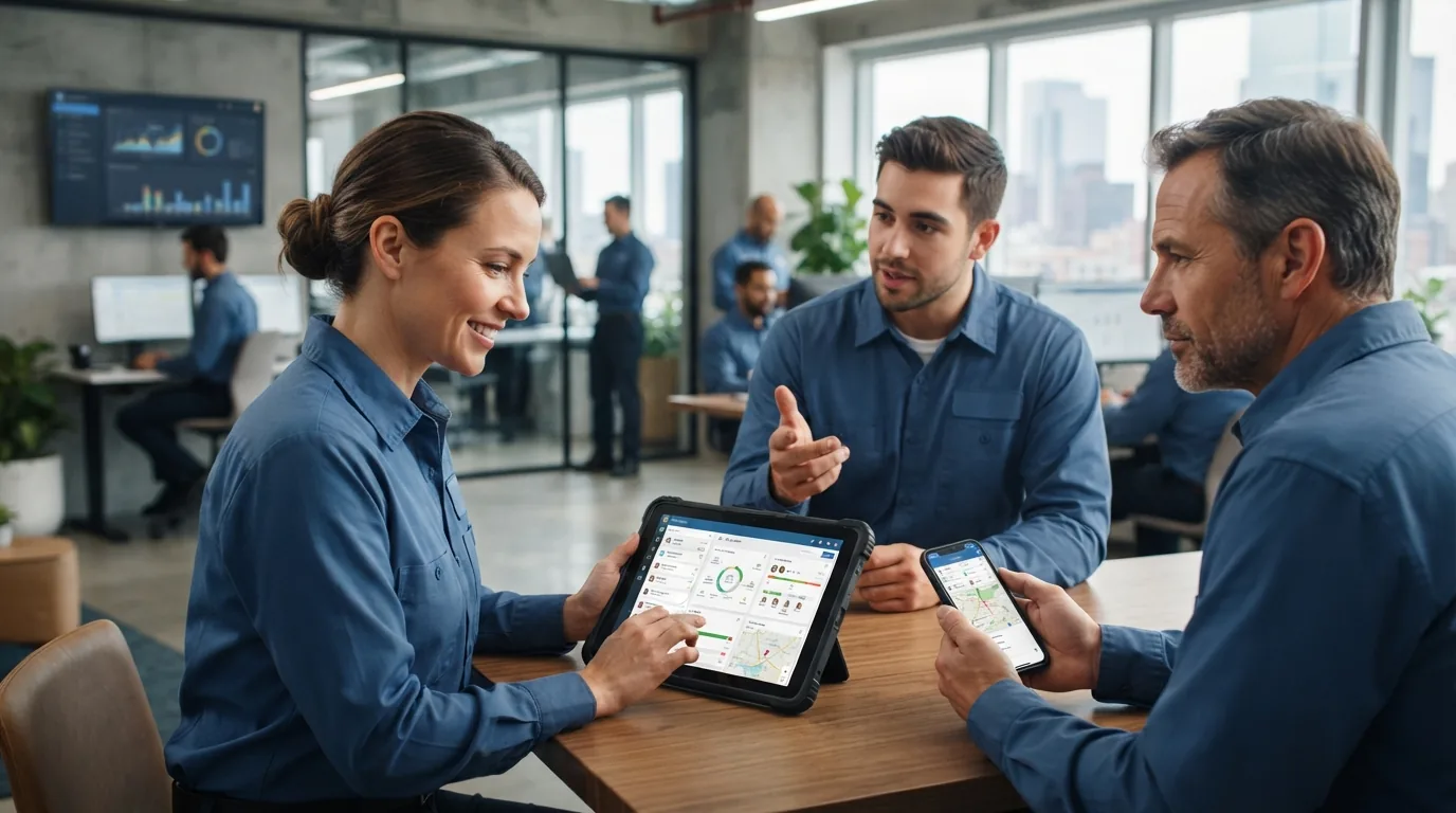 Equipe técnica utilizando tablet e smartphone com sistema digital de ordens de serviço em ambiente corporativo moderno