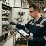 Profissional técnico inspecionando equipamento elétrico com checklist em mãos, representando a manutenção preventiva integrad