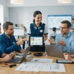 Uma equipe técnica e gestores interagindo ao redor de tablets e computadores exibindo um aplicativo de ordem de serviço, simb