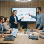 Reunião entre equipes comerciais e técnicas com gráficos de orçamento e planejamento em tela digital