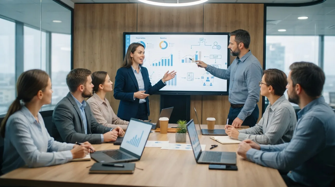 Reunião entre equipes comerciais e técnicas com gráficos de orçamento e planejamento em tela digital