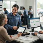 Imagem que mostra interação entre equipe técnica, cliente e setor financeiro, simbolizando a integração no atendimento e na g