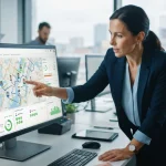Interface digital de uma agenda inteligente mostrando rotas otimizadas e alocação de técnicos em campo de forma eficiente