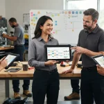 Representação visual de uma equipe de prestadores de serviços utilizando dispositivos digitais para gerenciar ordens de servi