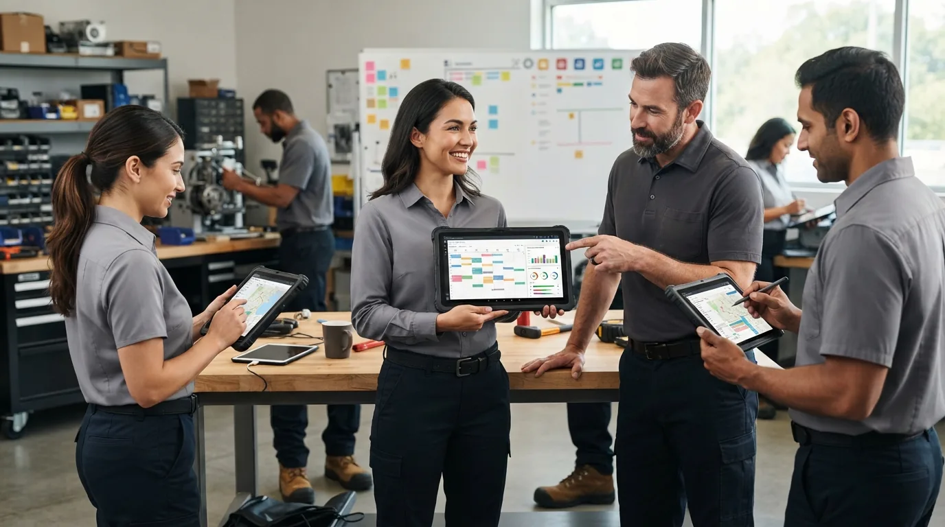 Representação visual de uma equipe de prestadores de serviços utilizando dispositivos digitais para gerenciar ordens de servi