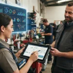 Ilustração de uma equipe de serviço em ação, usando um aplicativo em tablets para gerenciar ordens de serviço e um painel dig