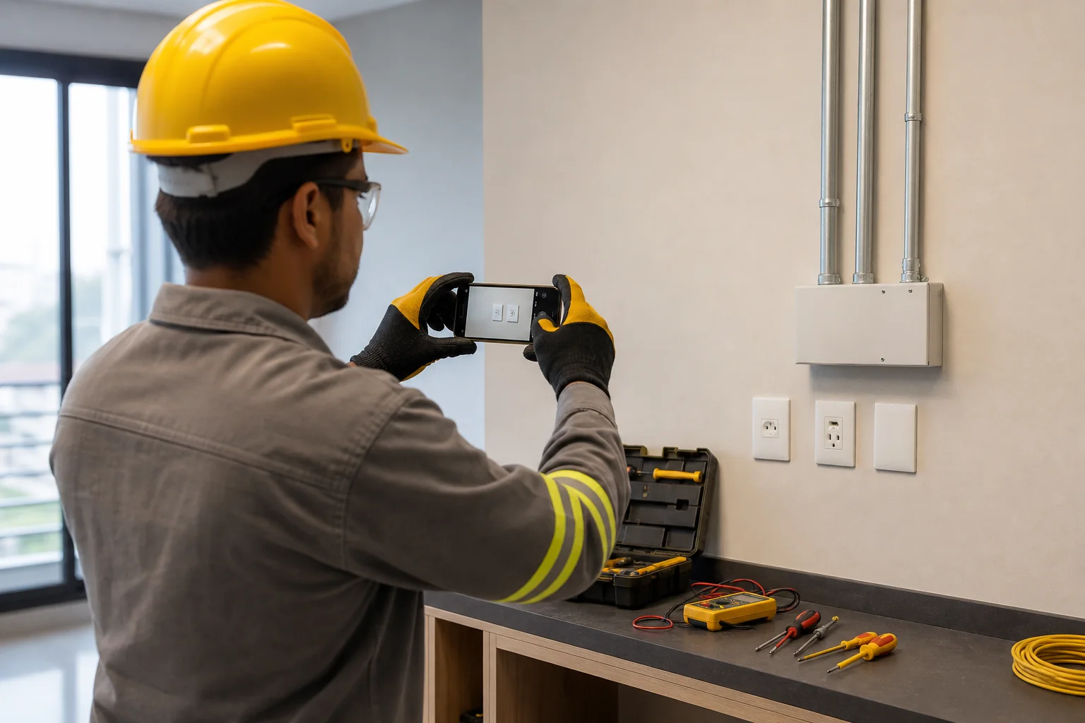 Eletricista registrando informações técnicas do serviço